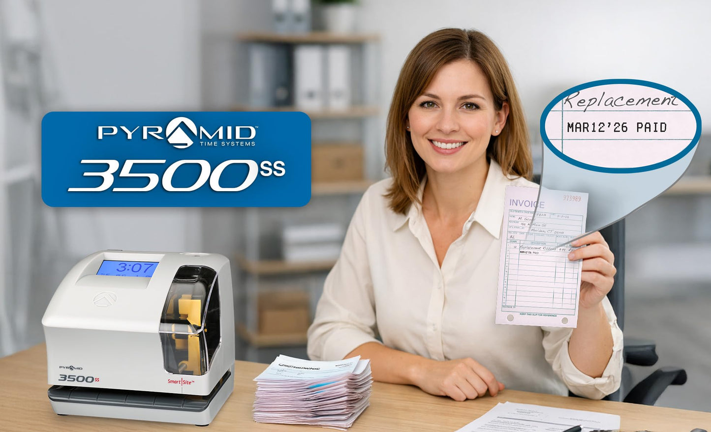 Pyramid Time Systems - 3500SS Employee Automatic Time Clock Bundle for Payroll Tracking and Attendance Management, Punch Clock with SmartSite Alignment, 25 Time Cards, 1 Ribbon and 2 Security Keys