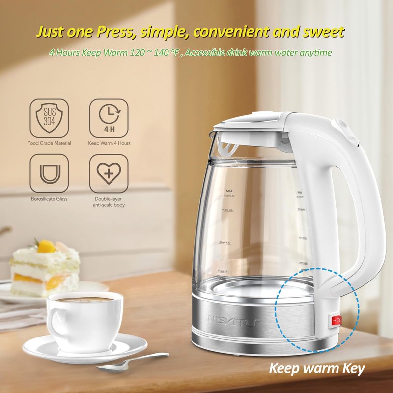 NISVITU Glass & Stainless Steel Cordless Electric kettle for boiling water, Hot water boiler Electric Tea Kettle automatic shut off Boil-Dry Protection, PC Outer + Glass Inner, 1500W, 1.7L, WH