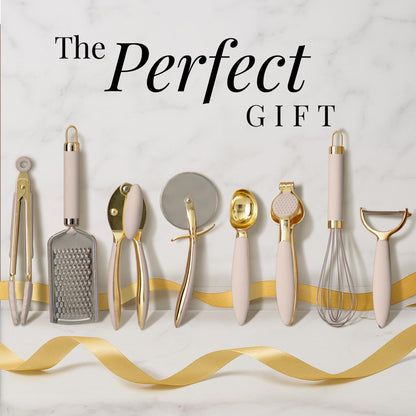 Gold and Beige Kitchen Utensils Set – 8 PC Cooking Gadgets with Mini Gold Whisk and Tongs, Pizza Cutter, Garlic Press, Cheese Grater, Peeler, Can Opener, Scoops – Stylish Beige Kitchen Accessories