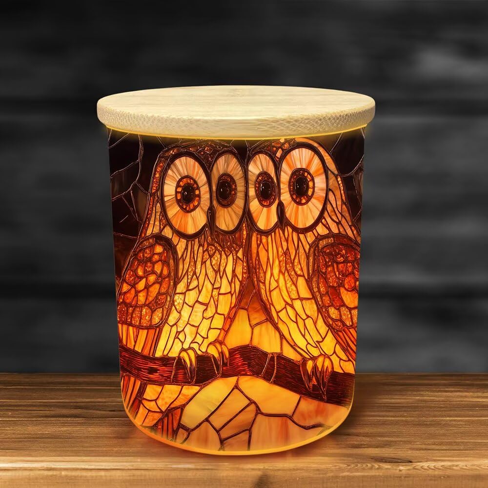 Stained Glass Owls Tea Light Candle Holders, Spring Blossoms Tealight Candle Holder Jar with Wooden Lid, Votive Candlesticks for Table Centerpieces, Christmas,Birthday Party,Home Decor