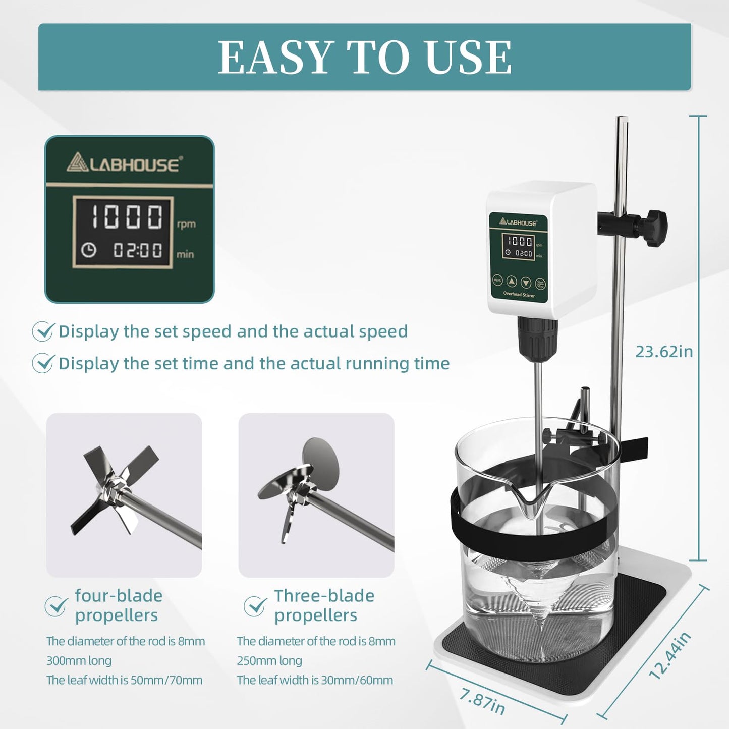LABHOUSE OS-5S Digital Overhead Stirrer 10L(H₂O) Lab Stirrer Flat-Base Stainless Steel Stand & 2 Stirring Paddles & Beaker Holder | 100-1200RPM,10000 mPas,Timing 1min-24h