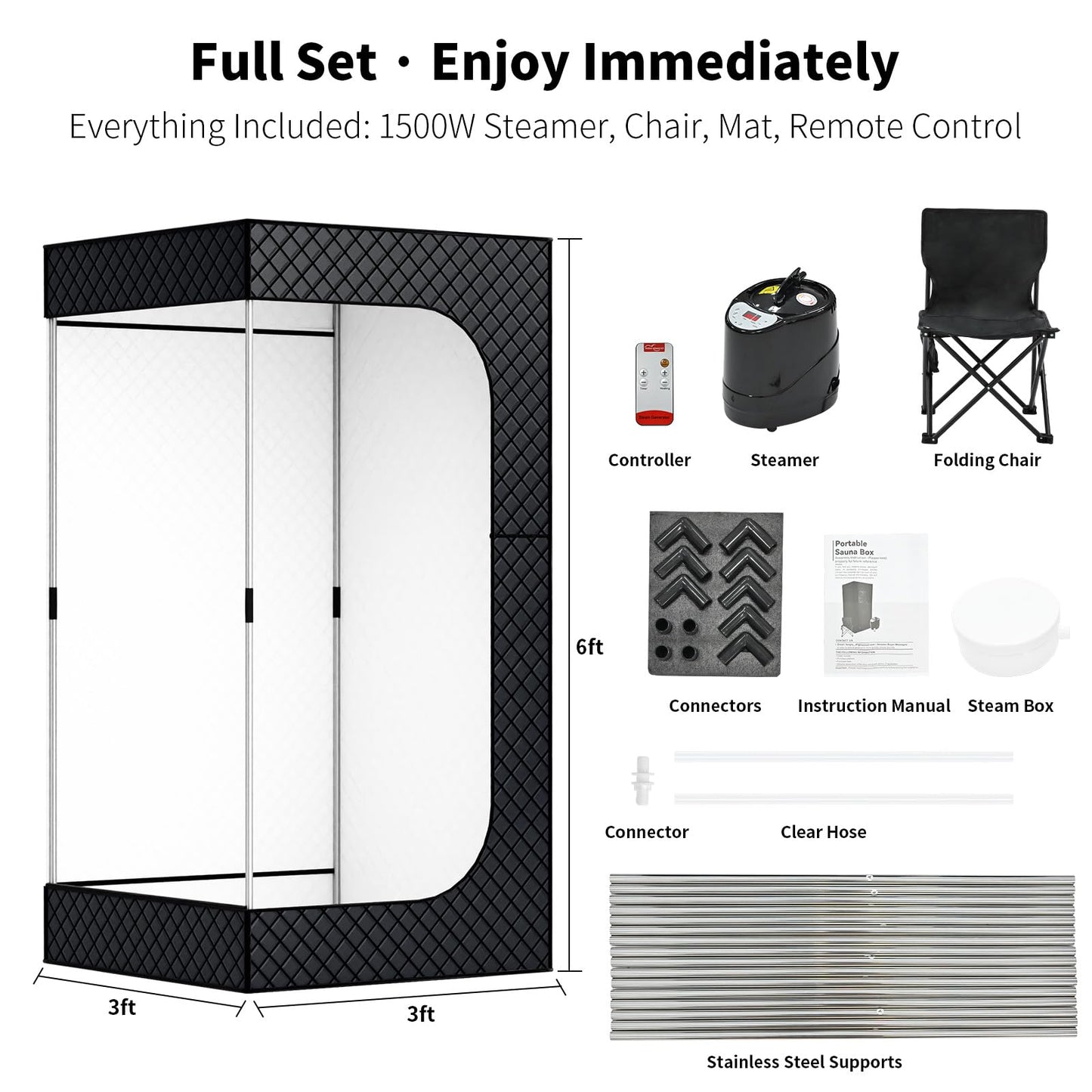 Dikutar Sauna Box - Portable Sauna for Home with Upgraded 3L 1500W Steamer, Folding Chair and Non-Slip Mat for Relaxation Spa, 5-Layer Waterproof and Insulated Steam Tent, 3x3x6ft, Larger (Black)