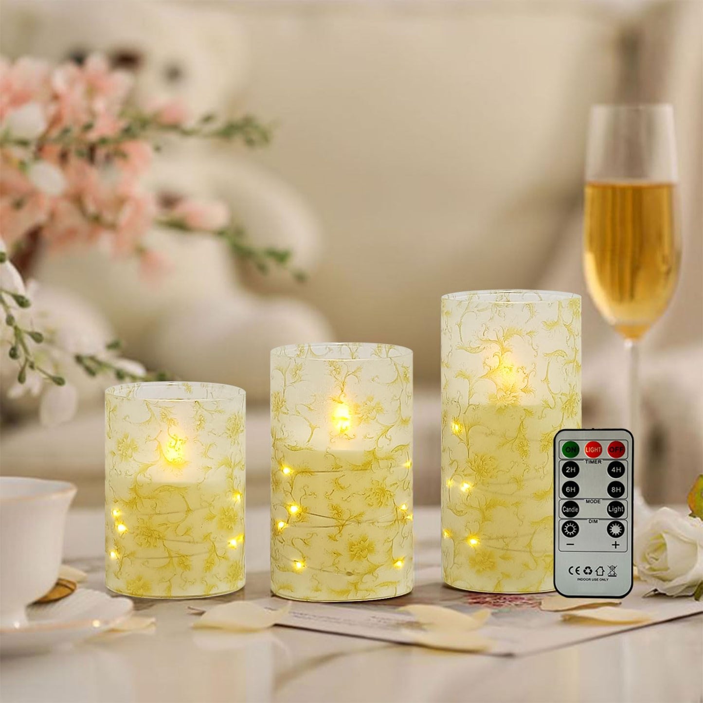 NjaoHoo Flickering Flameless Candles, Recessed String Light LED Candles 3D Wick Acrylic Battery Operated LED Pillar Candles with Remote and Timer for Modern Simple Home Decor Set of 3(Gold Flower)