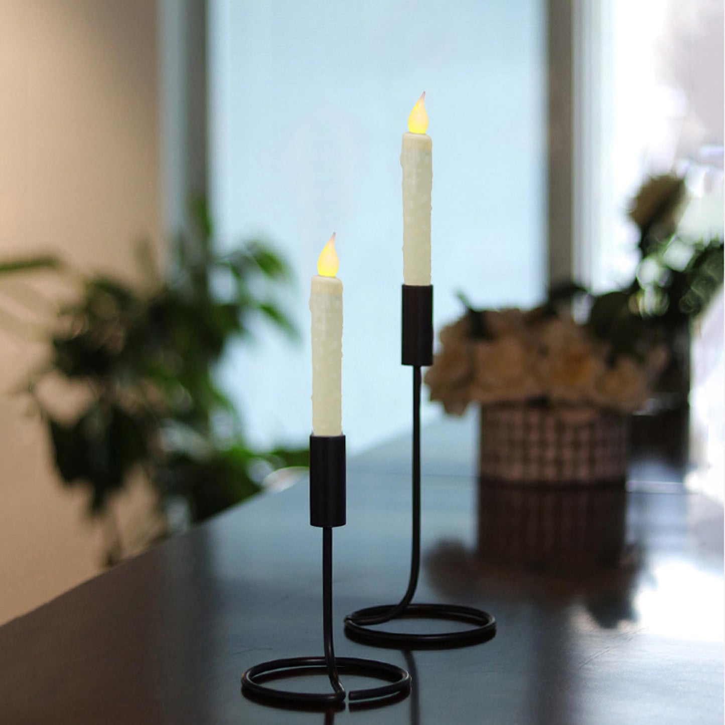 CVHOMEDECO. Real Wax Hand Dipped Battery Operated LED Timer Taper Candles Country Primitive Flameless Lights Décor, 6-3/4 Inch, Ivory, 2 PCS in a Package