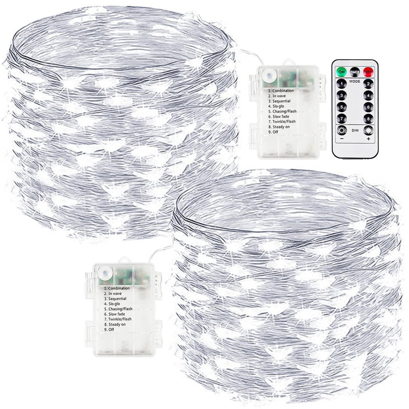 2-Pack Fairy Lights Battery Operated with Remote, Waterproof 33FT 100 LED Battery String Lights Outdoor Indoor, 8 Modes Twinkle Lights with Timer for Bedroom Wedding DIY Christmas Decor (Cool White)