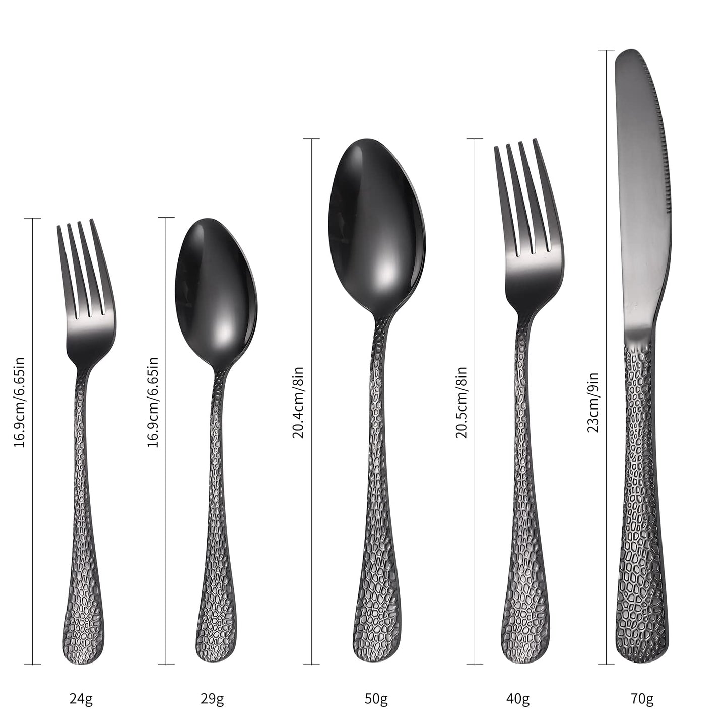 A · HOUSEWARE Black Hammered Silverware Set 8 Stainless Steel Flatware Vintage 40 piece include Knife Fork Spoon Proper Weight for Parties Restaurant Utensils and Kitchen Daily Use