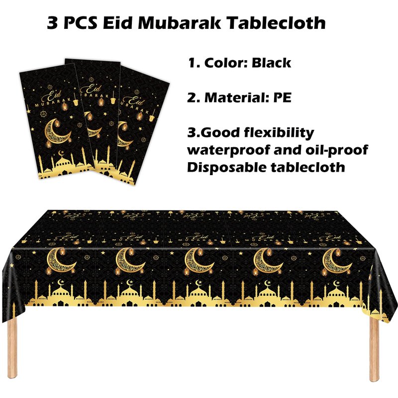 3 Pack Ramadan Decorations Ramadan Table Cloth, Black and Gold Eid Mubarak Tablecloth, 108x54 inch Ramadan Mubarak Table Cover, Ramadan Eid Decorations for Home, PE Plastic Disposable Tablecloth