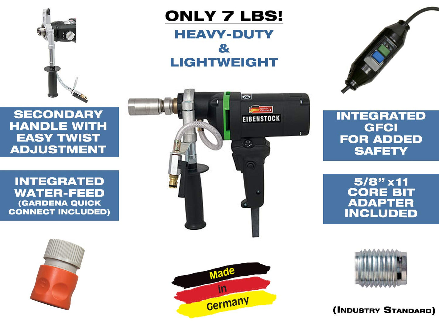 CS Unitec | END 1550 P | Diamond Wet Core Drill. 110 V. Up to 2-5/8" Dia. for Stone, Tiles, and Glass. Up to 1-1/2" Dia. for Concrete. - Made in Germany