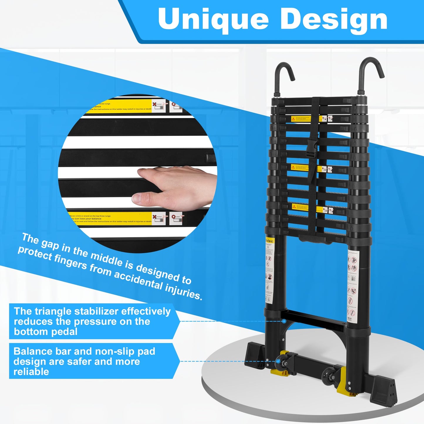 Wolec 19 FT Telescoping Ladder with Hooks, Adjustable Multi-Purpose Collapsible Extension with Stabilizers & Wheels, Heavy Duty 330 lbs Max Capacity, Ideal for Home and Outdoor Work,Black