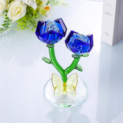 LONGWIN Crystal Blue Rose Figurine - Elegant Glass Flower Bouquet Home Decor Gift for Women