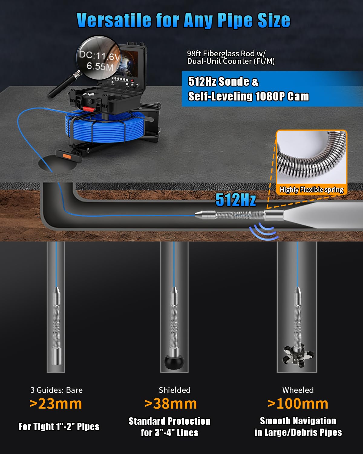Sewer Camera Self Leveling 9'' with 512Hz Sonde & Meter Counter, 100ft Drain Inspection Camera w/ 7MM Cable, 12 LEDs, 23MM 1080P Self Leveling Probe, Waterproof 32GB DVR Pipe Endoscope for Plumbing