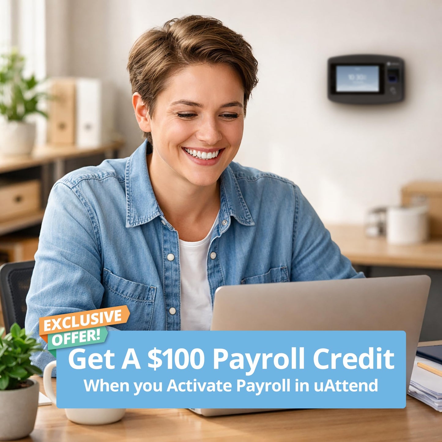 uAttend JP2000 Payroll Time Clock – Cloud Payroll Engine with Biometric & RFID, Time & Attendance System, Faster Payroll - $100 Payroll Fees Credit