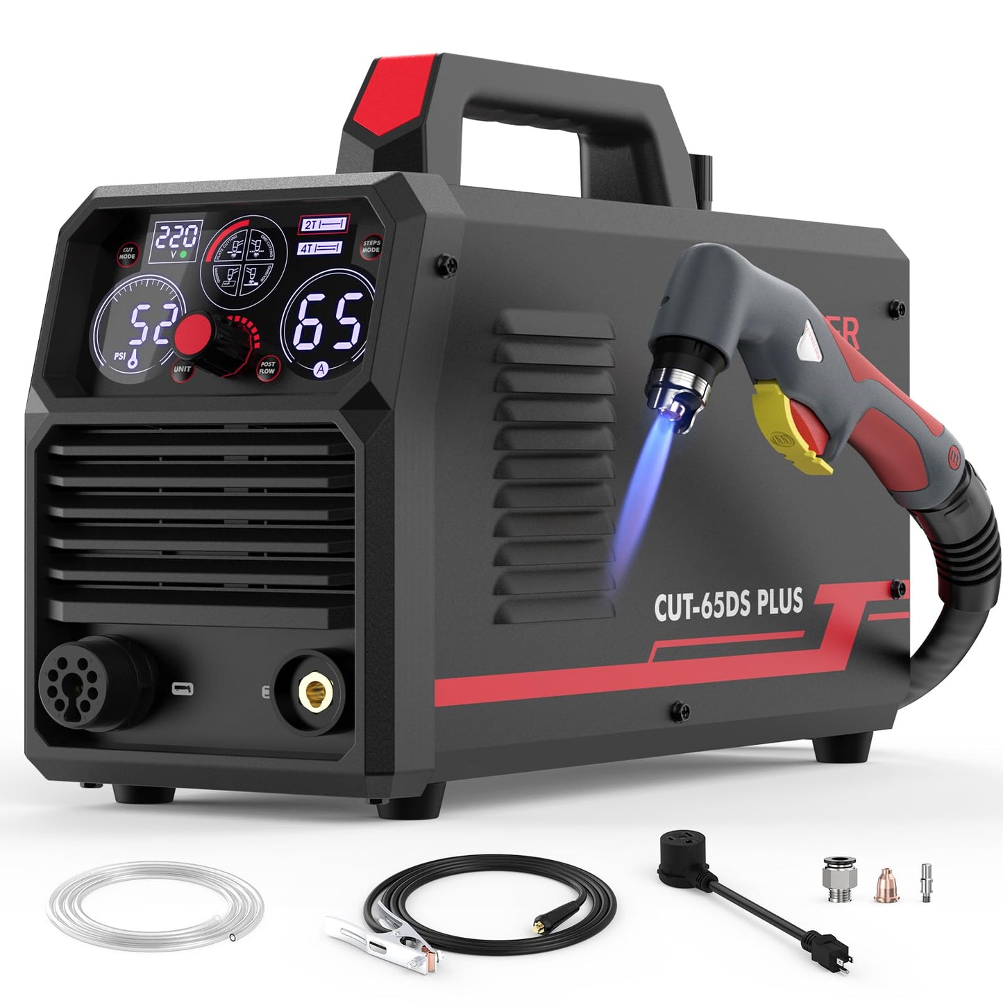 YESWELDER CUT-65DS PLUS Plasma Cutter, 65Amp 110V/220V Non-High Frequency Non-Touch Pilot Arc 4-In-1 Plate Cutting/Grid Cutting/Gouging/Marking Multifunctional Plasma Cutting Machine