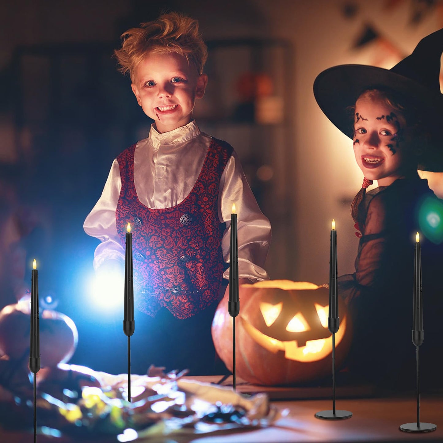SHENSY 3 Pack Halloween Black Flameless Taper Candles –Drip Real Wax Battery Operated LED Candlesticks with 3D Flickering Flame, Remote & Timer – Haunted Decor for Spooky Tables & Windows