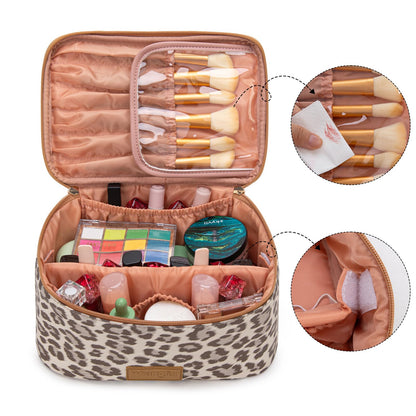 Montana West X Wrangler Travel Makeup Bag 2pcs Set Large Cosmetic Bag with Makeup Brush Holder Portable Make Up Organizer Cute Toiletry Bag with Divider and Handle for Women Leopard