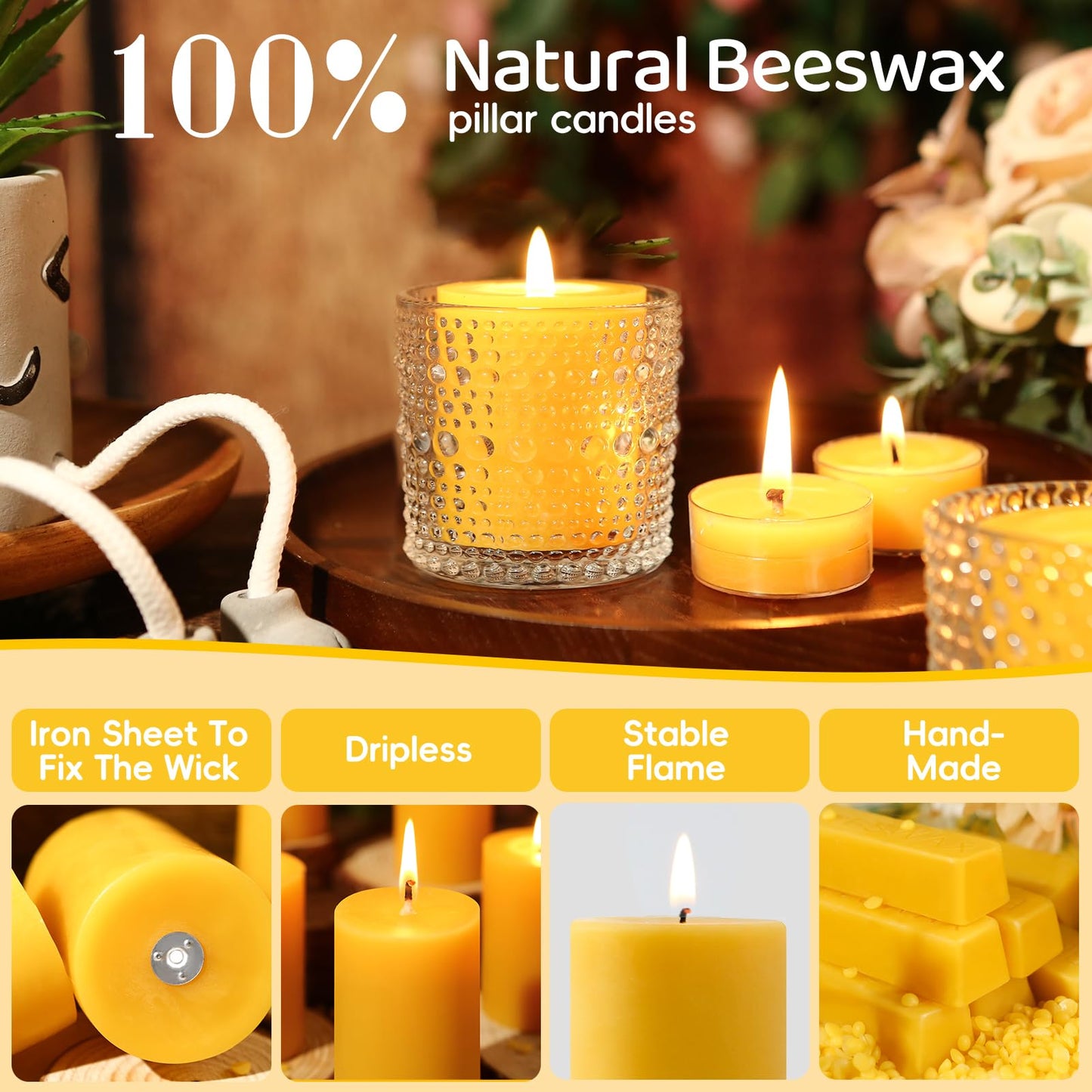 2x2 in Beeswax Pillar Candle- 6pcs, 120-Hour Burn Time Beeswax Candles, Natural Honey Scent, Bees Wax Candles for Meditation, No Odor, Burning Releases Negative Ions to Purify the Air
