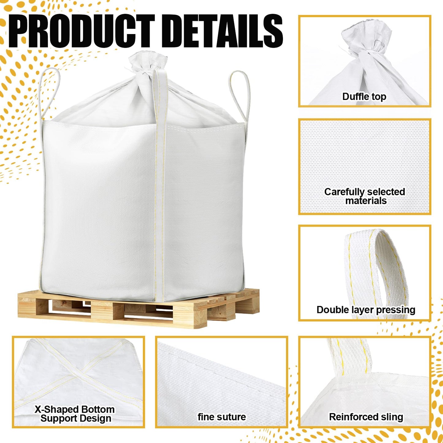 Hoolerry 10 Pcs FIBC Bulk Bag, 1.5 Ton 35" L x 35" W x 43" H 3300lbs Construction Dumpster Bag Heavy Duty Large Duffle Top Flat Bottom Woven Polypropylene Container for Sand Concrete Industrial