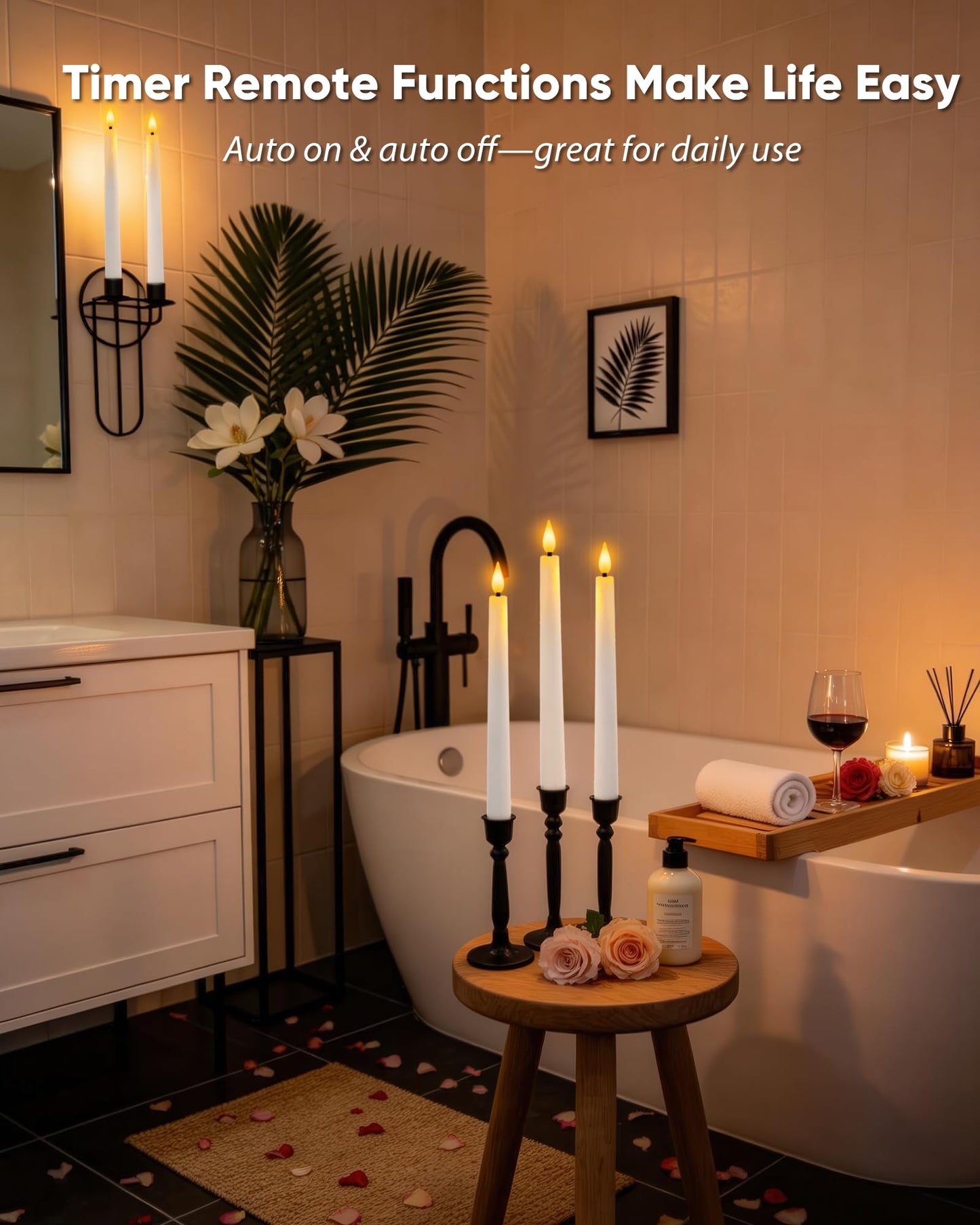 Homemory 6 Pcs Waxy Flameless Taper Candles with Remote, Led Candlesticks Classic Tall Candle, Flickering Battery Operated Taper Candles for Bedroom, Dining Room, White, 9.6 inches