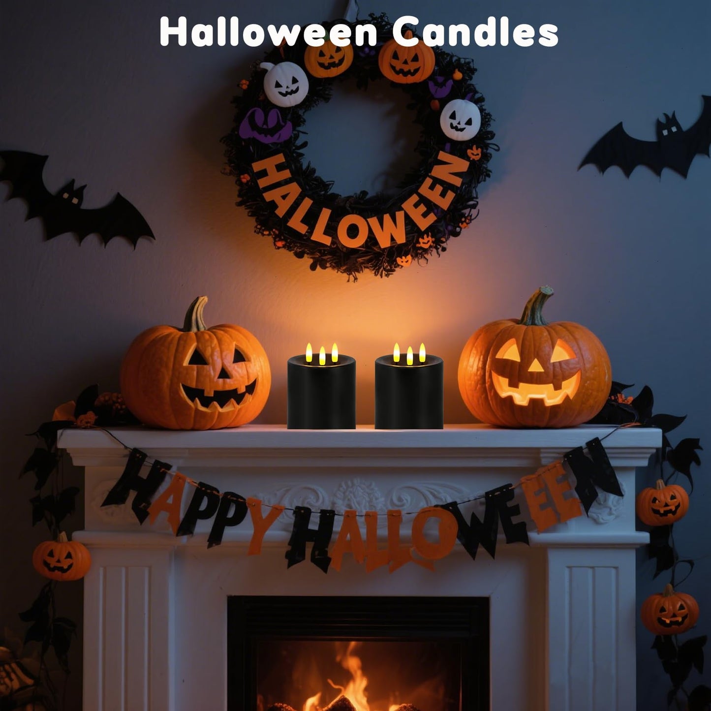 Large 3 Wick Flameless Candles Set of 2, 4"x4" Flickering LED Candles with Remote & Timer, Dimmable Real Wax Electric Pillar Candles Battery Operated, Black Candles Light for Home Halloween Decor