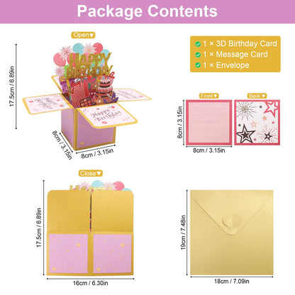 Fushing 3D Pop Up Birthday Card - Sweet Birthday Box Greeting Card Box with Blank Message Card & Envelope, Unique Handmade Scrapbook for Wife, Women, Men, Kids, Daughter, Son, Mom, Dad, Friend (Pink)