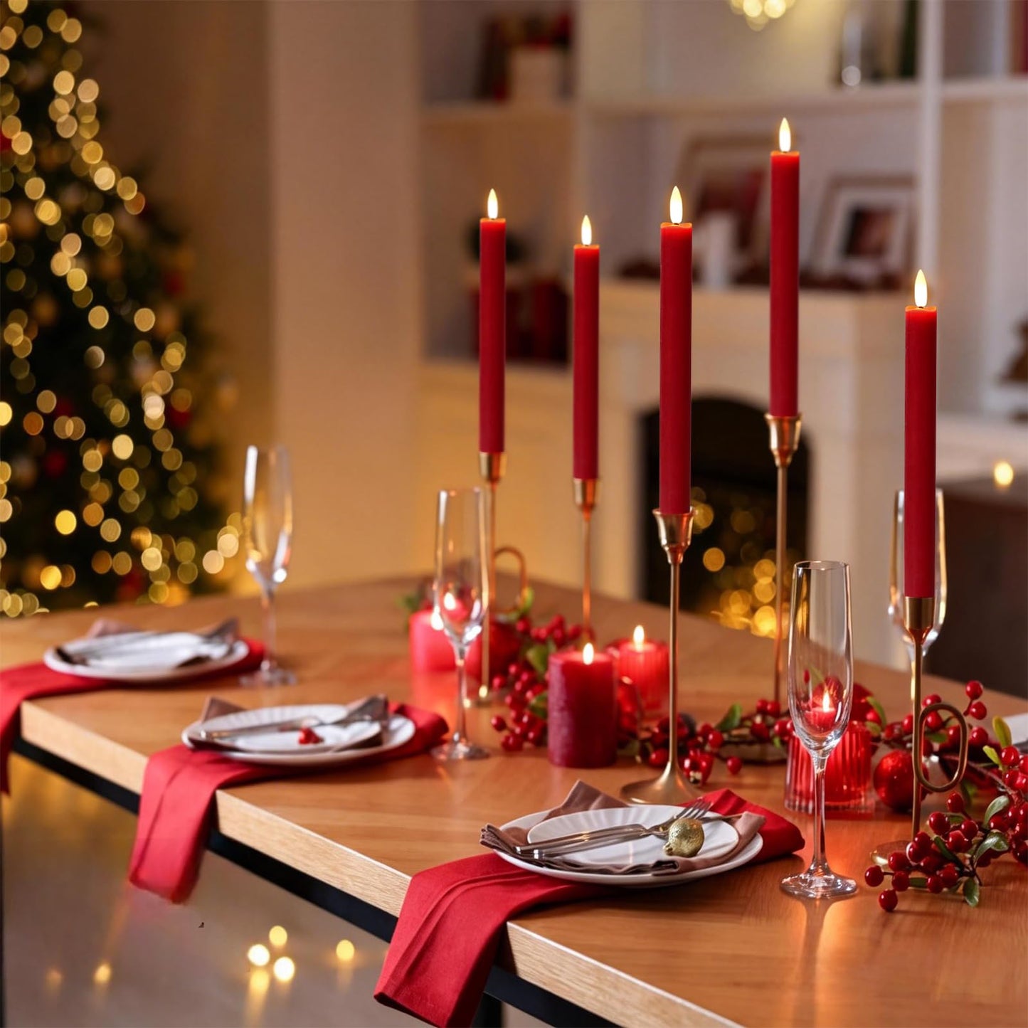 Wondise Flameless Taper Candles with Timer, 6 Pack Battery Operated LED Flickering Real Wax Red Candle for Christmas Wedding Dinner Decorations