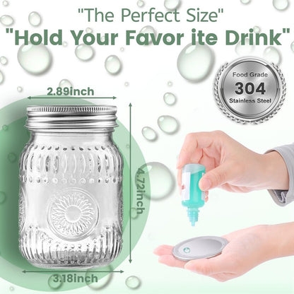 16oz Mason Jars with Airtight Rust-Proof 304 Stainless Steel Lids and Bands, 4 Pack with Elegant Sunflower Embossing, Pint Glass Jars for Meal Prep, Pickling, Overnight Oats, Dry Food & DIY Crafts