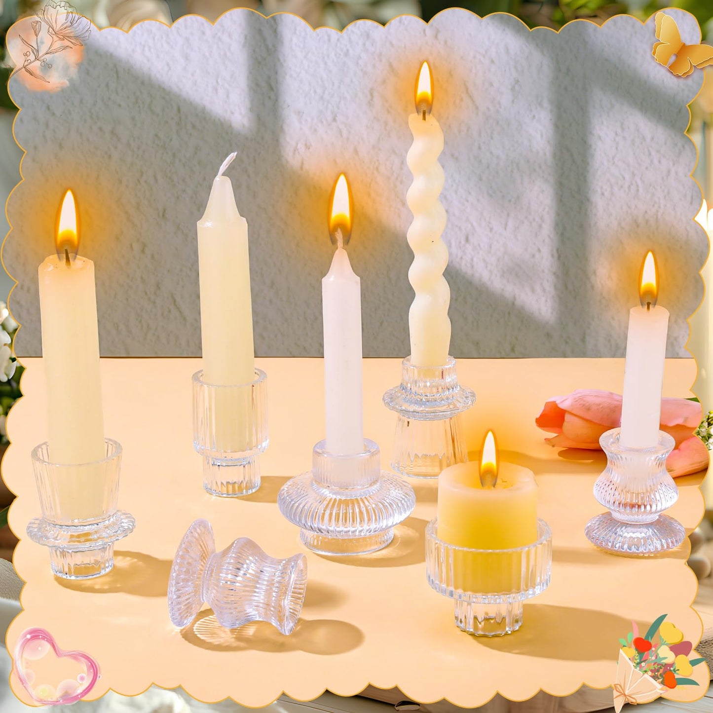 Ovveroche 10 Pcs Glass Candlestick Holders Set, Glass Crystal Taper Candle Holders Striped Vintage Reversible Clear Candle Stick Holder Ideal for Wedding, Party, Festival Celebrations, 5 Styles