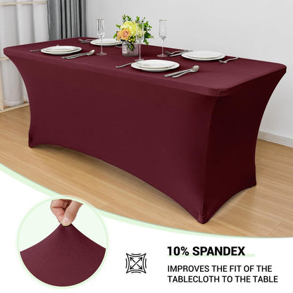 Obstal 8ft Stretch Spandex Table Cover for Standard Folding Tables - Universal Rectangular Fitted Tablecloth Protector for Party （Wine Red, 96 Length x 30 Width x 30 Height Inches）