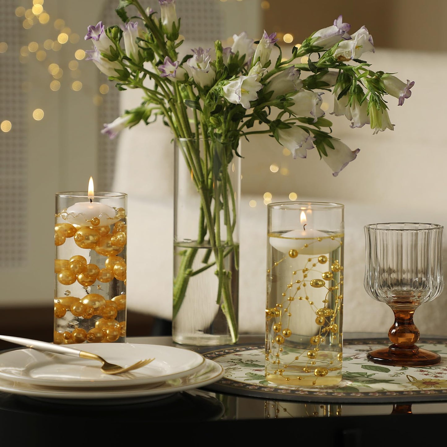 PNJHDZ Set of 12 Glass Cylinder Vases for Centerpieces with 8 Pack Vase filler 12 Pearl String 24 White Floating Candles for Centerpieces, Table Center pieces for Wedding Party Home Decor 5, 6, 8 Inch