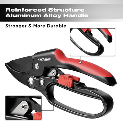 FLORA GUARD Ratchet Pruning Shears for Easy Cutting, Heavy Duty Garden Clippers for Thick Branches, 3-Step Ratcheting Hand Pruners for Weak Hands, Seniors & Gardening