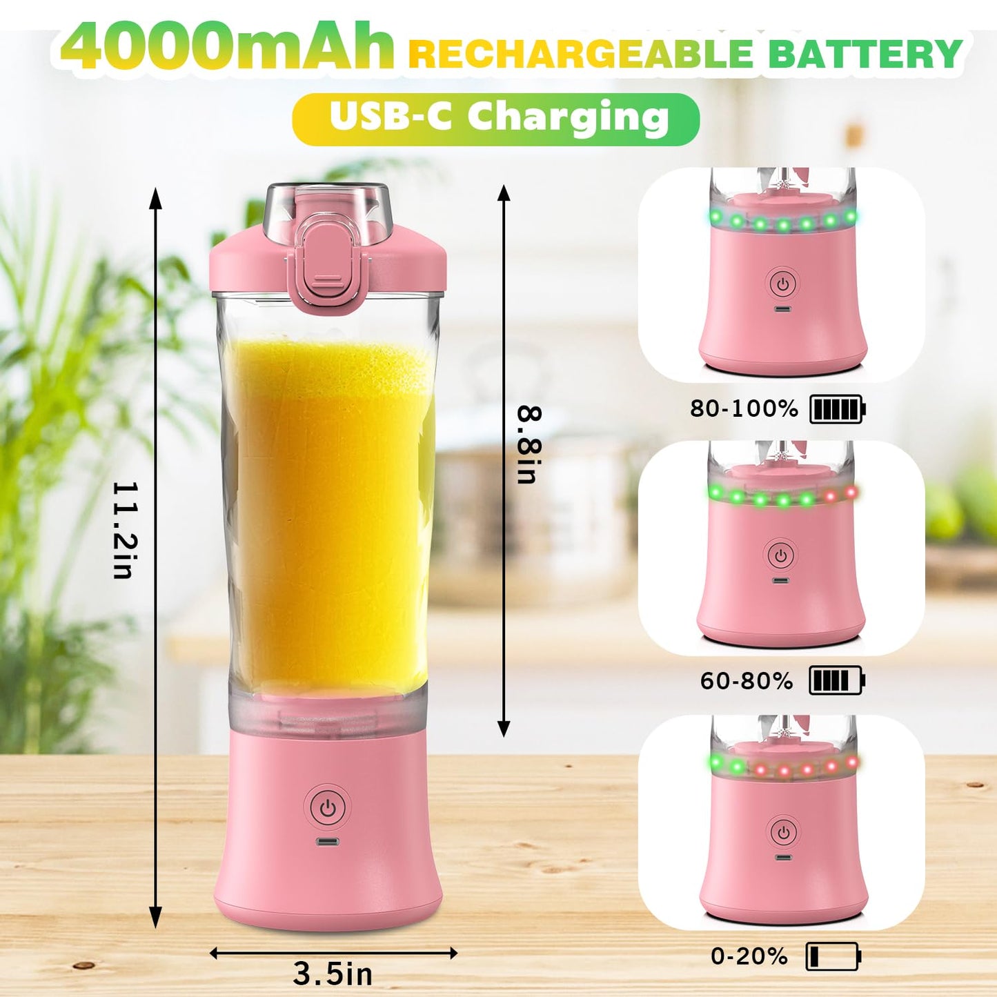 Portable Blender Personal Juicer for Shakes and Smoothies - 20 OZ Electric Protein Shaker Bottle with Insulated Sleeve, Travel Lid, USB-C Rechargeable - Mini Small Blender Cup for Kitchen, Office, Gym