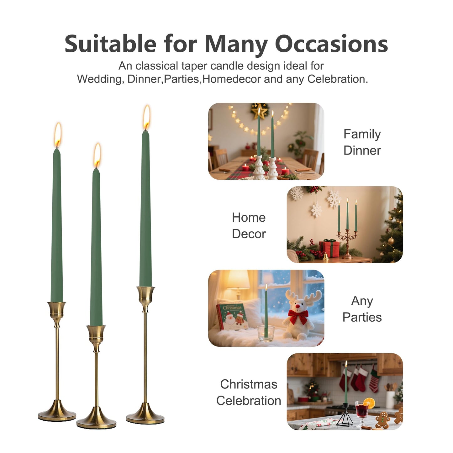 8 Pack 10 Inch Green Taper Candles for Christmas Candles for Home Decor Dinner Party Celebrations Wedding Shower