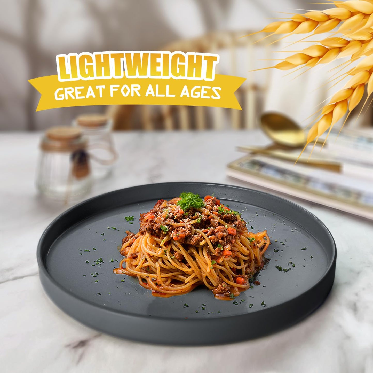 Teivio 24-Piece Kitchen Plastic Coupe Wheat Straw Dinnerware Set, Service for 6, Dinner Plates, Dessert Plate, Cereal Bowls, Cups, Unbreakable Unique Plastic Outdoor Camping RV Dishes, Black