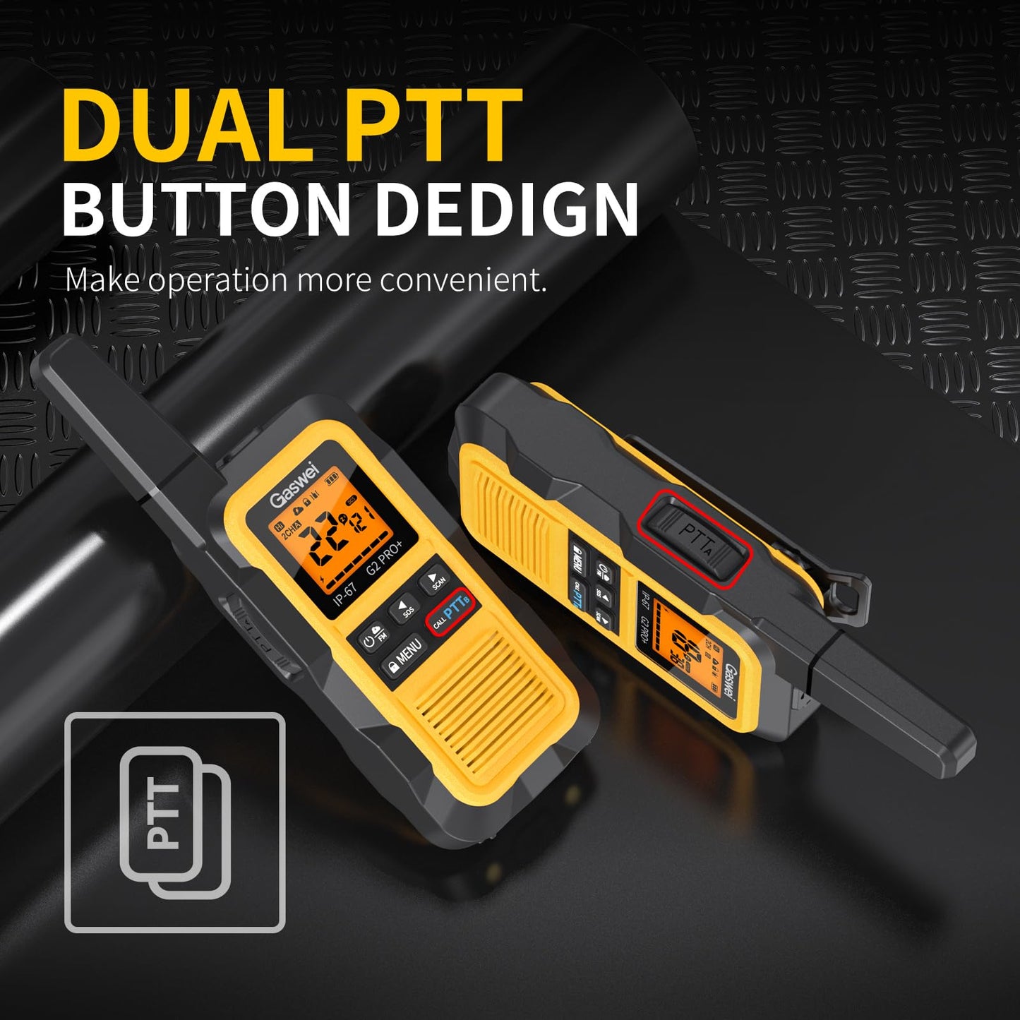 Gaswei G2Pro+ Heavy-Duty Walkie Talkies IP67 Waterproof Two-Way Radios with NOAA Weather Alert & Floating | 2-Watt Long Range for Job Sites, Hunting | Dual PTT, FM Radio, SOS, VOX（4pack）