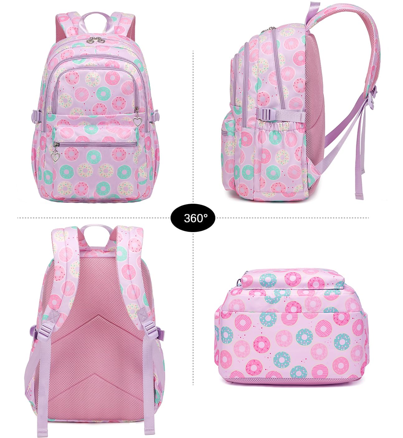 Joyfulife 3Pcs Donut Prints Backpack Sets Kids Bookbags Primary School Daypack Elementary Students Knapsack for Teens Girls