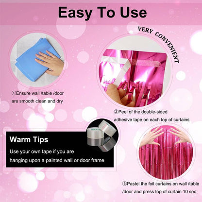 Valentines Day Party Decorations - 3 Pack of 3.2x8.2ft Hot Pink Foil Fringe Curtains Streamers Backdrop for Birthday Bachelorette Party Valentines Backdrop Decorations