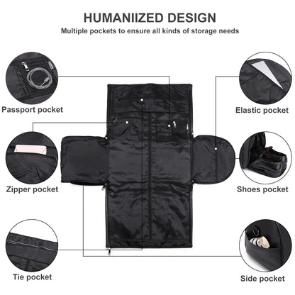 Carry On Garment Backpack, 3 in 1 Waterproof Mens Garment Bag for Travel Business, Leather Duffel Bag with Shoe Compartment -Black