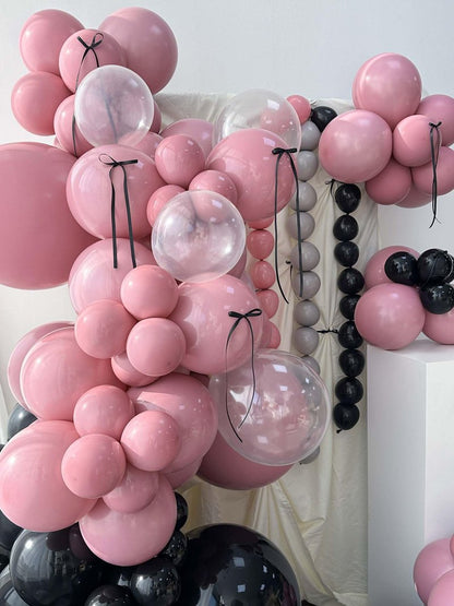 Mythlty 160pcs Pink and Black Balloons Arch Kit with Bows in Different Sizes 5" 10" 12" 18", Stuffed Ballons Pink Grey Balloons for Birthday Baby Shower Bat Mitzvah Bachelorette Parties Decorations