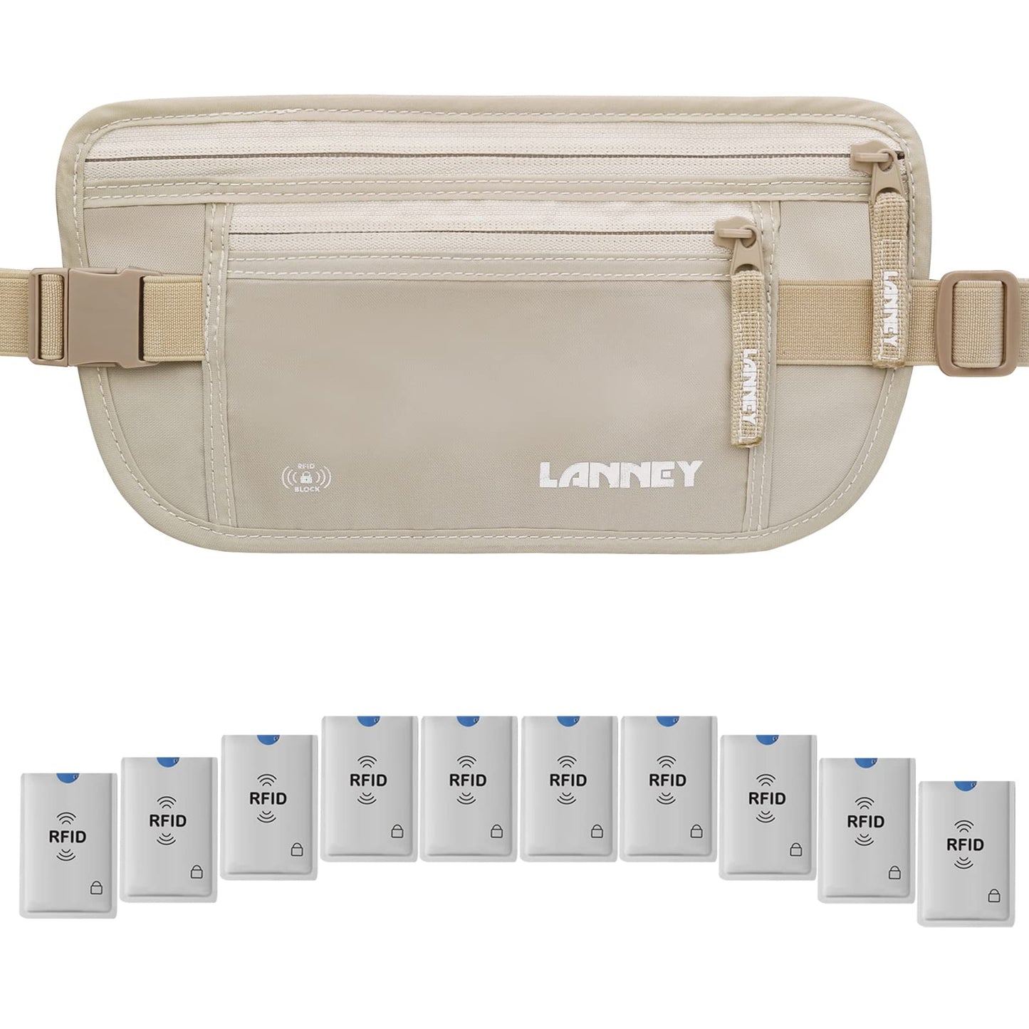 Travel Money Belt for Men Women RFID Blocking Concealed Waist Wallet Pouch Hidden Under Clothes Passport Holder Antitheft Waist Stash Bag for Travelling, Bonus 10 Credit Card Sleeves, Cream