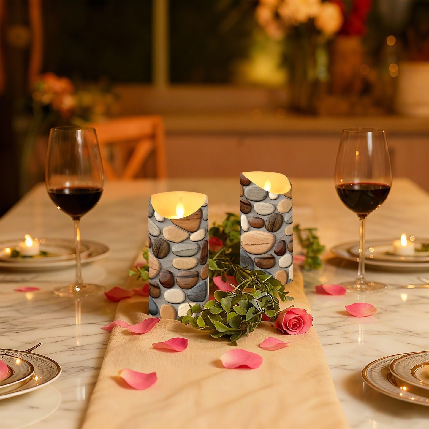 Gravopti Beautiful Pebble Stones 2 Pack Flameless LED Pillar Candles with Remote & Timer, Battery Operated, Flickering Wax Candle for Wedding, Romantic Home & Party Decor