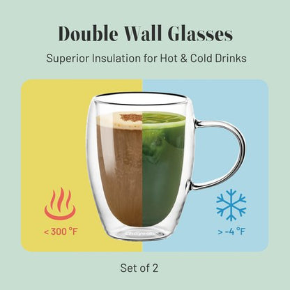 ChaYeah, Double Wall Glasses, 12 OZ Insulated Cups with Handle, Perfect for Tea, Coffee, Water, and More (Set of 2)