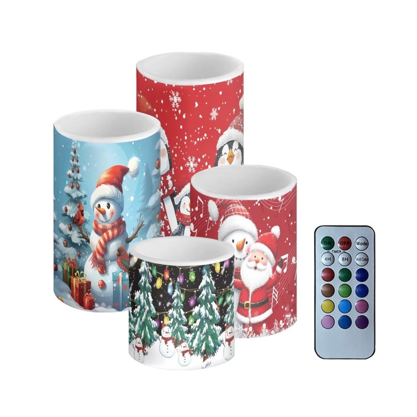 NETILGEN Christmas Day Decorative Flameless LED Candles Set of 4 Electric Candles with Remote Timer Control Color Changing, Santa Claus Snowman Print