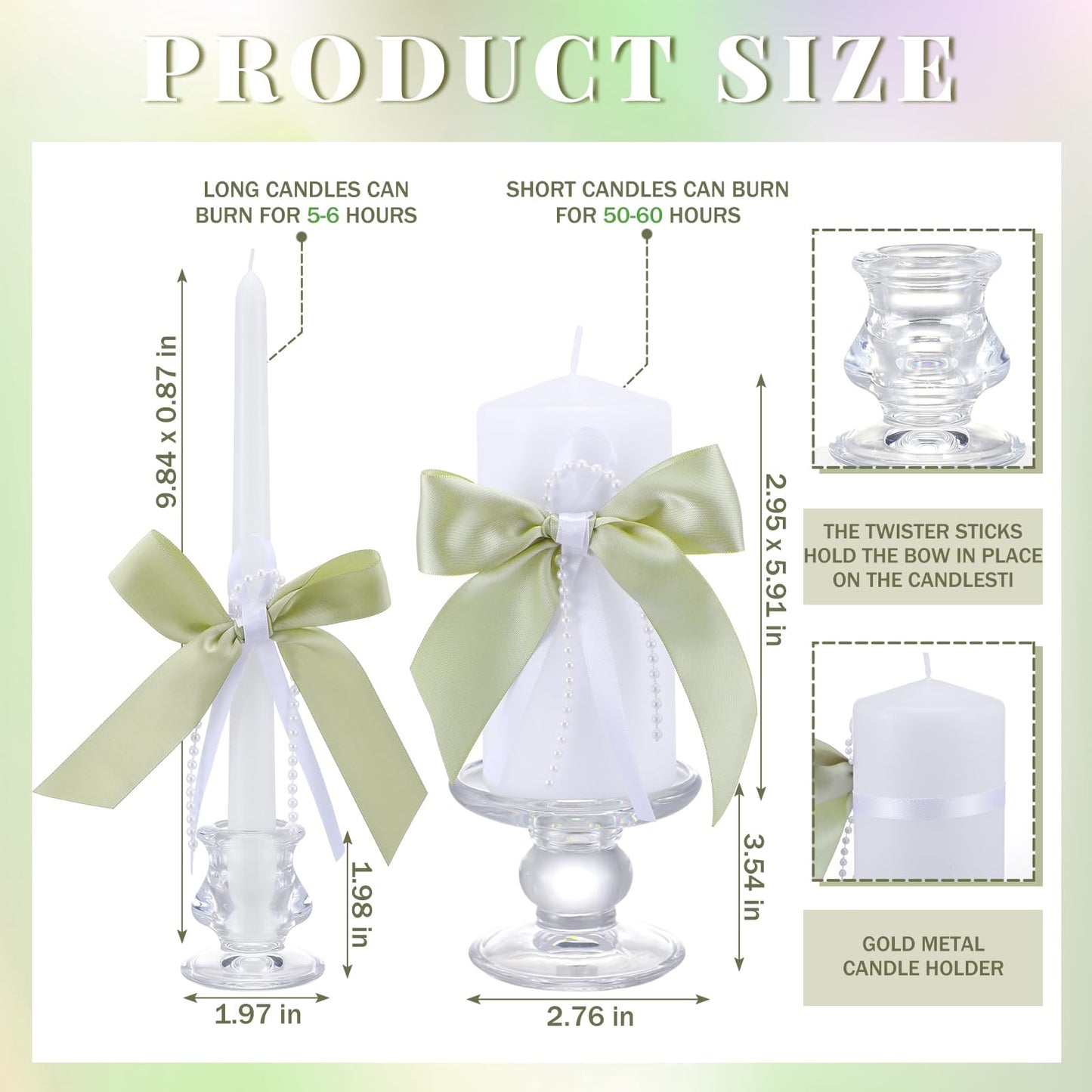 Conelist 3 Pcs Unity Candles for Wedding with Satin Bow and Glass Candle Holder Coquette Unity Pillar and Taper Candles Set Wedding Ceremony Reception Decor for Formal Events Church(Sage Green)