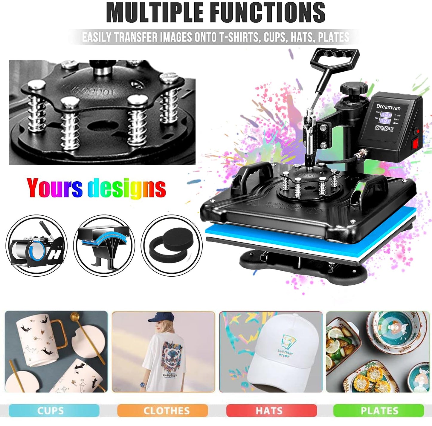 WHUBEFY Heat Press,5 in 1 Tshirt Printing Machine 15"x12" Digital Industrial Heat Transfer Machine,Sublimation Heat Press Machine for T Shirts/Mug/Cap/Plate/DIY