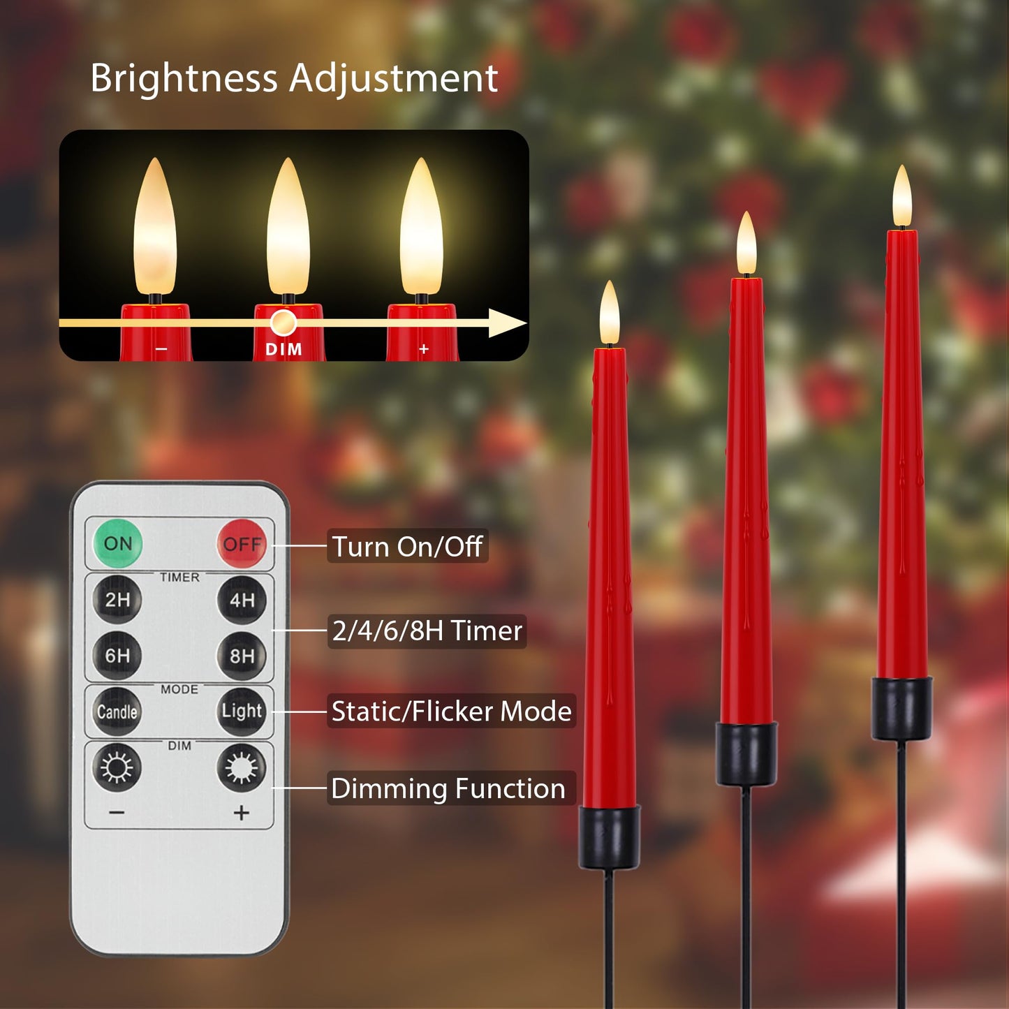 Red Flameless Taper Candles 9.6" Christmas LED Candles Real Wax with Remote Timer, Battery Operated LED Candles Set with 3D Flickering Flame, Classic Flickering Candlesticks for Home, Party, 3 Pack