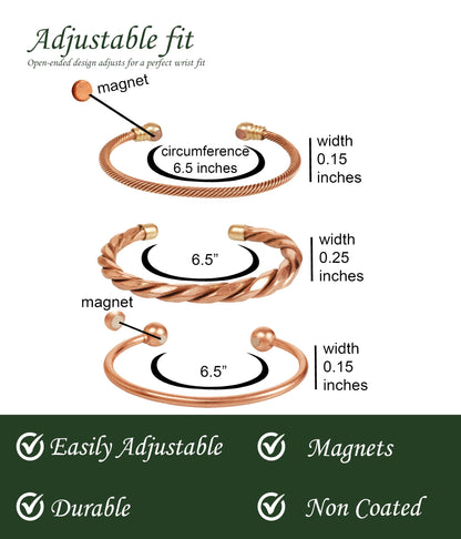 Touchstone copper bracelets | gift for men women |adjustable 100% pure solid real magnetic jewelry | handmade bracelet set combo | rope braided tibetan bangles. Set of 3 different designs