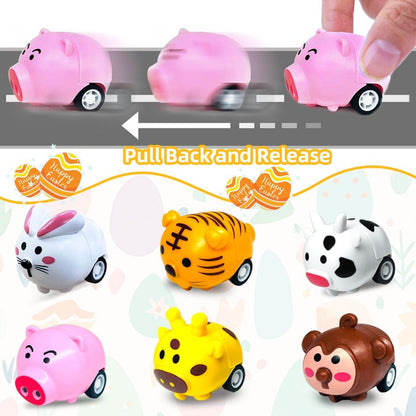 12 Pack Filled Easter Eggs with Toys Inside, Animals Bunny Pull Back Cars Easter Eggs Filled for Kids Boys Girls Easter Egg Hunt Party Favors Easter Basket Stuffers Essential Filler Classroom Prize