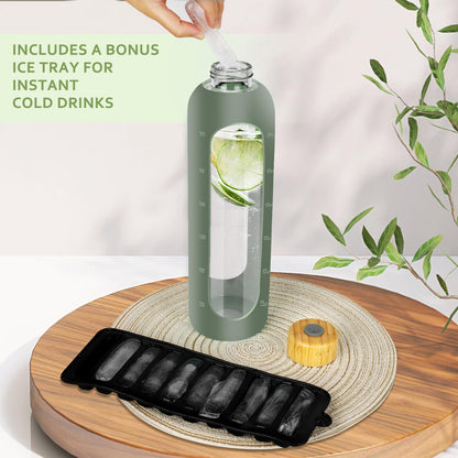OxyFlask Glass Water Bottles 32 oz - Motivational Drinking Glass Water Bottle with Silicone Sleeve, Straw & 2 Bamboo Lids - 1 Liter Clear Borosilicate Daily Intake Tumbler with Time Marker - Olive