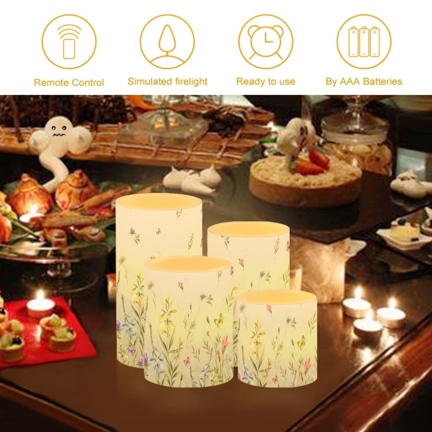 NETILGEN LED Flickering Candles Battery Operated Candles Set of 4 with Remote Control Timer Dancing Flame Pillar Candles Home Table Decoration, Floral Green