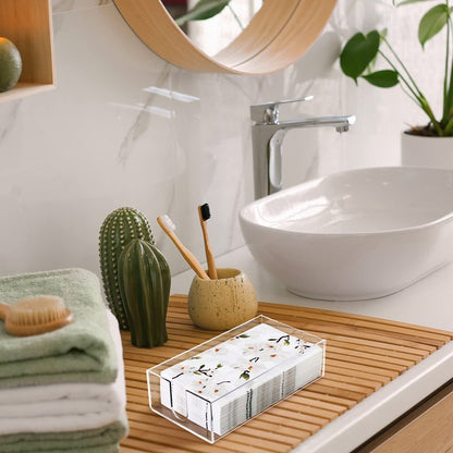 Outus 100 Pcs Floral White Magnolia Paper Guest Towels 2 Ply with Acrylic Napkin Holder, Disposable Decorative Paper Towels 4.3 x 7.8 Inches Hand Napkins with Tray for Bathroom Powder Room